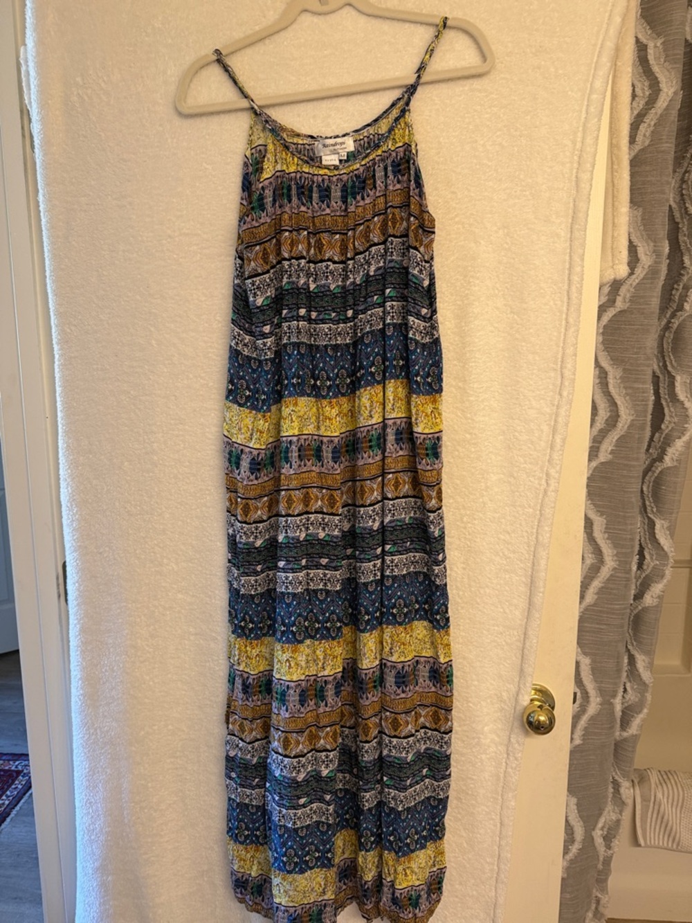 Breezy Boho Stripe Print Maxi Dress in Blue, Yellow & Brown w/ braided straps